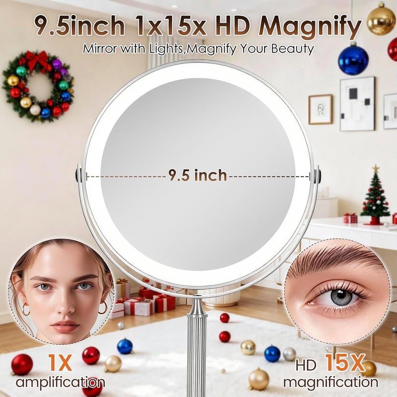 VESAUR 15X Magnifying Mirror with Light, 9.5 Large 5000mAh Rechargeable Double Sided HD Lighted Makeup Mirror with 3 Touch Dimmable Light, 360Â° Swivel Detachable for Travel Vanity Mirror Nickel, Gifts - Image 2